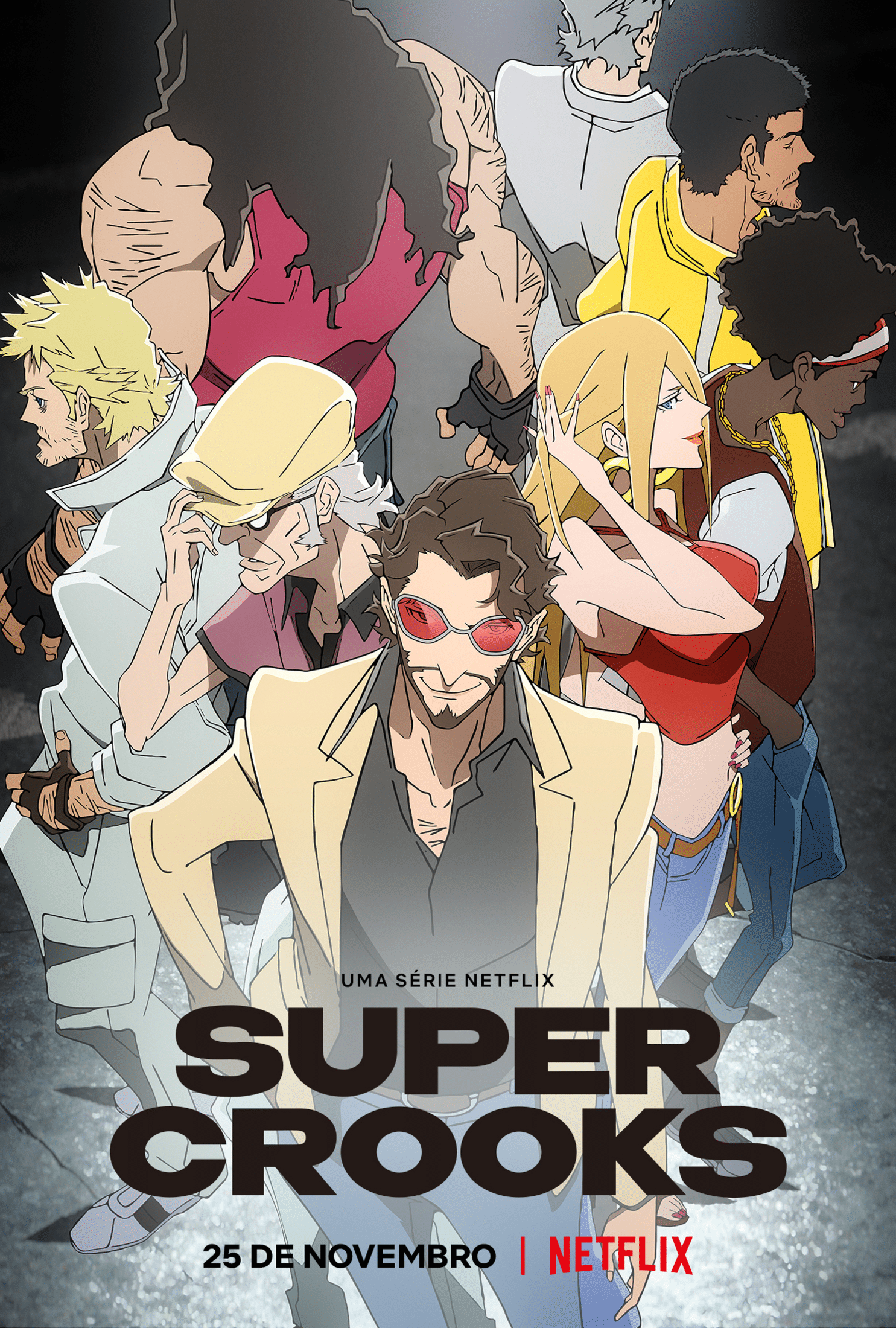 Poster oficial de personagens do anime da Bones Studios e Netflix por Mark Millar "Super Crooks"