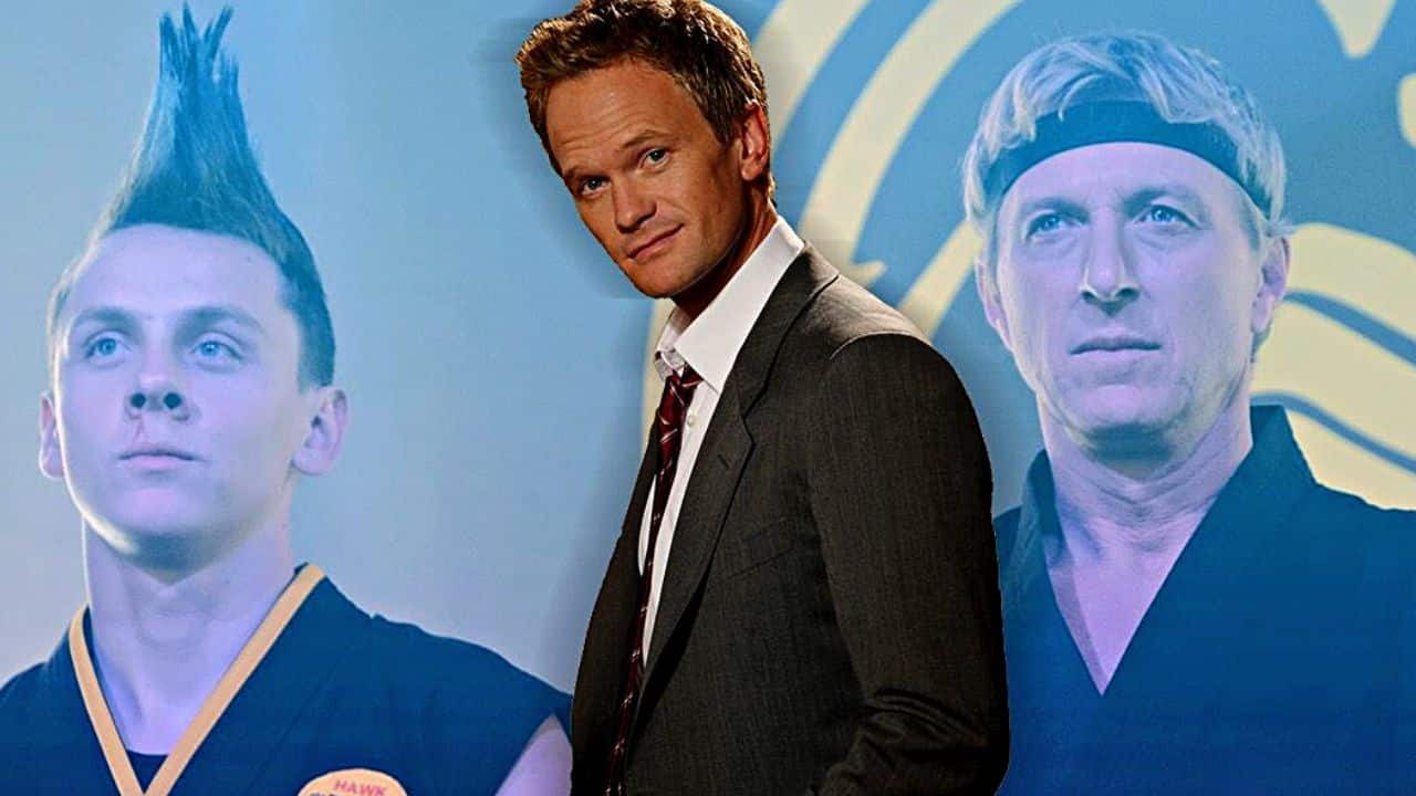 Banner and poster for cameo and cameo by Neil Patrick Harris as Barney Stinson from How I Met Your Mother in Cobra Kai (Karate Kid spin-off with William Zabka as Jhonny Lawrence)